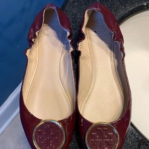 Maroon patent leather Tory Burch flats, size 8.5